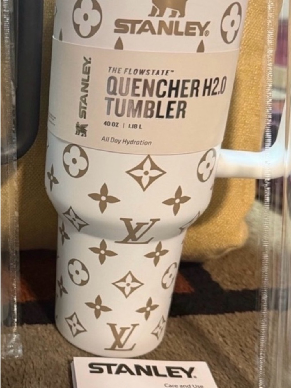 Stanley White Tumbler with Gold Monogram Pattern